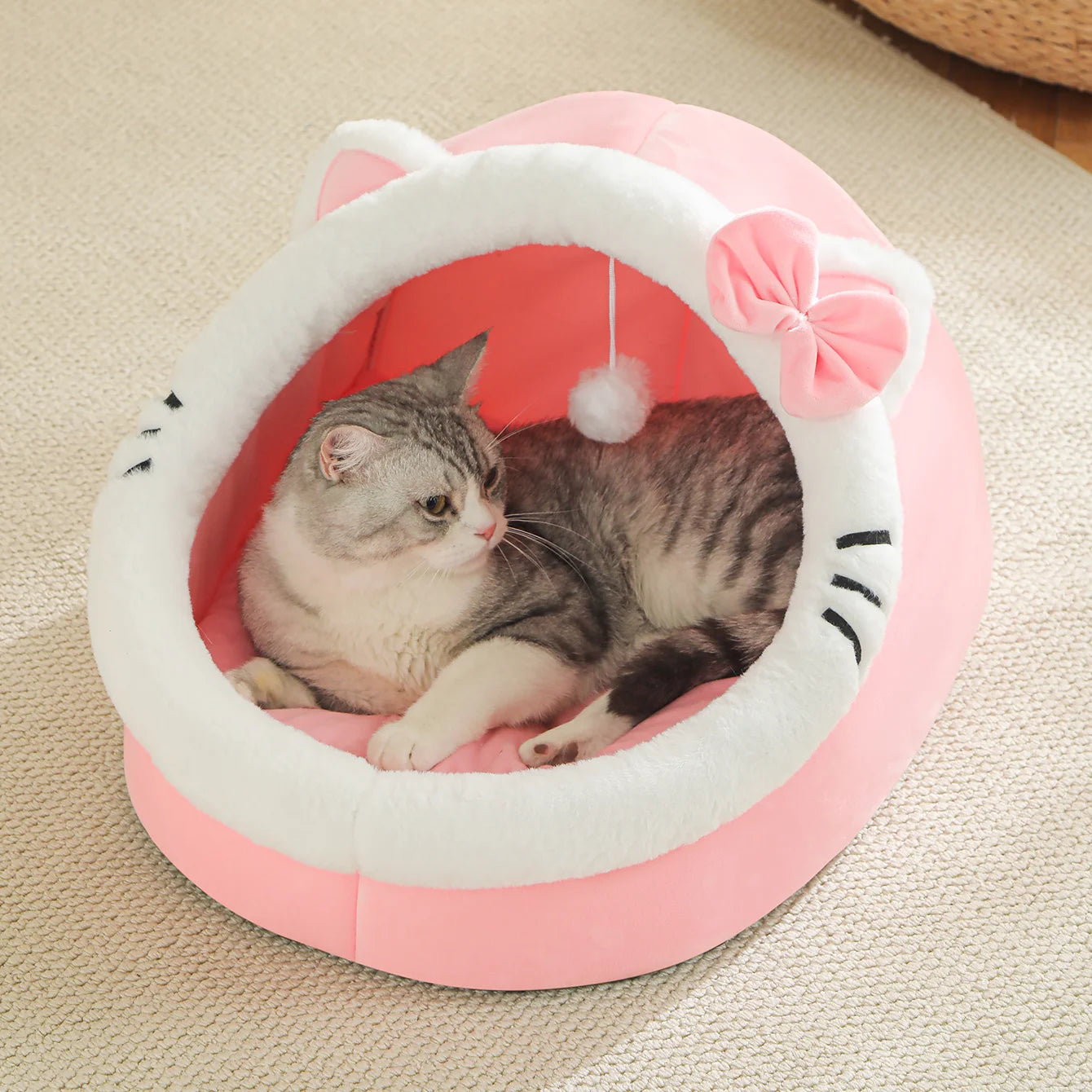 4-Season Cave Cat Bed with Pompom
