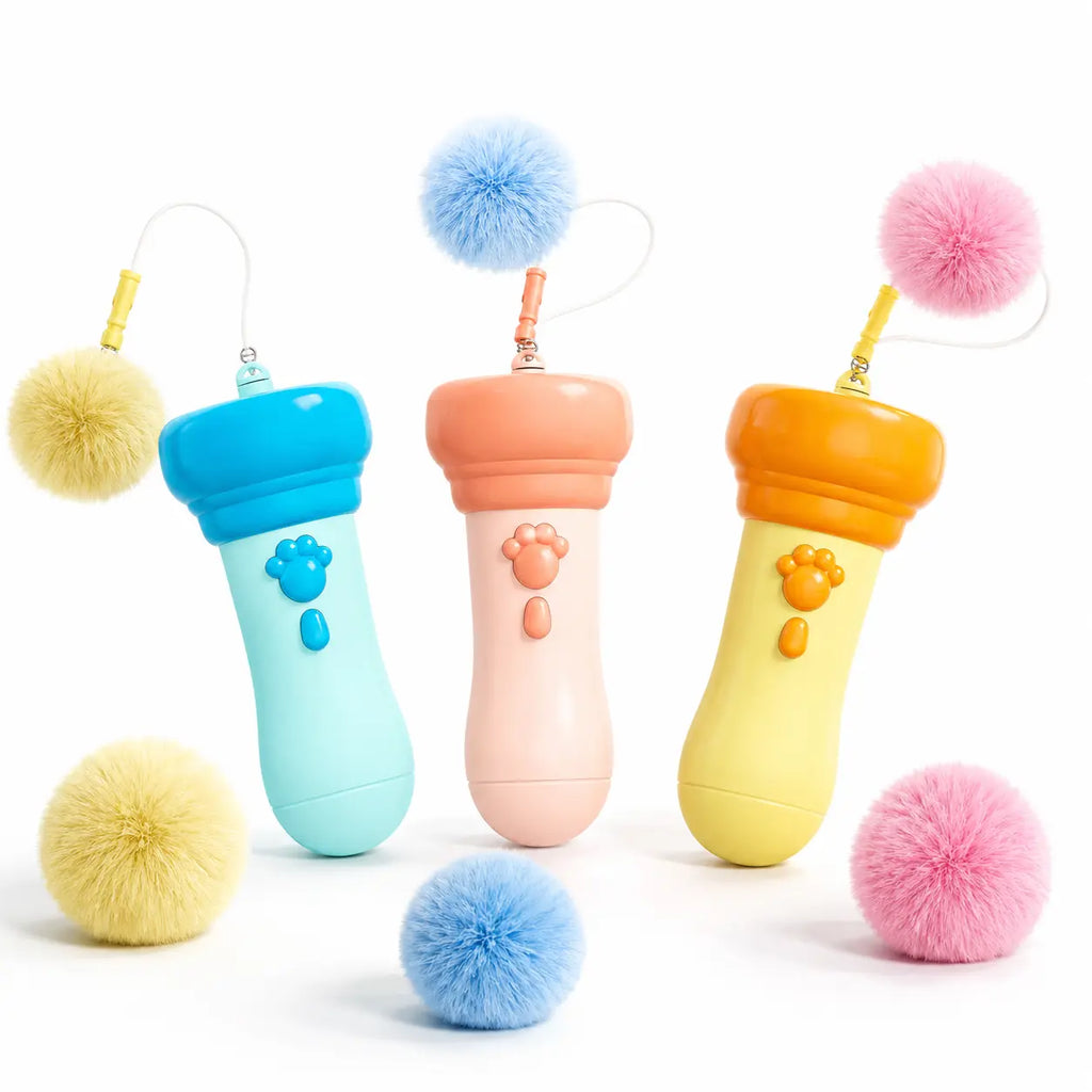 Electric Cat Teaser Toy with Fluffy Pom Balls, Interactive Handheld Cat Wand Toy for Indoor Cats and Kittens