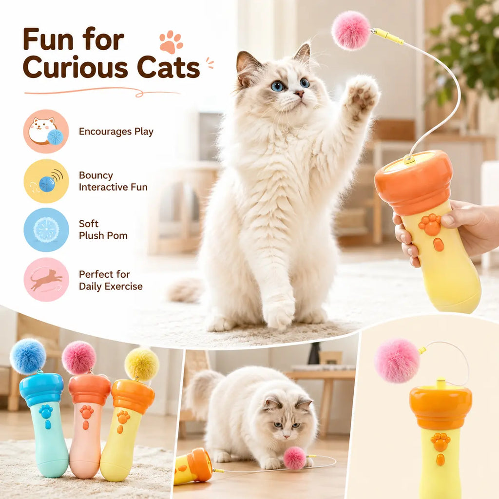 Electric Cat Teaser Toy with Fluffy Pom Balls, Interactive Handheld Cat Wand Toy for Indoor Cats and Kittens