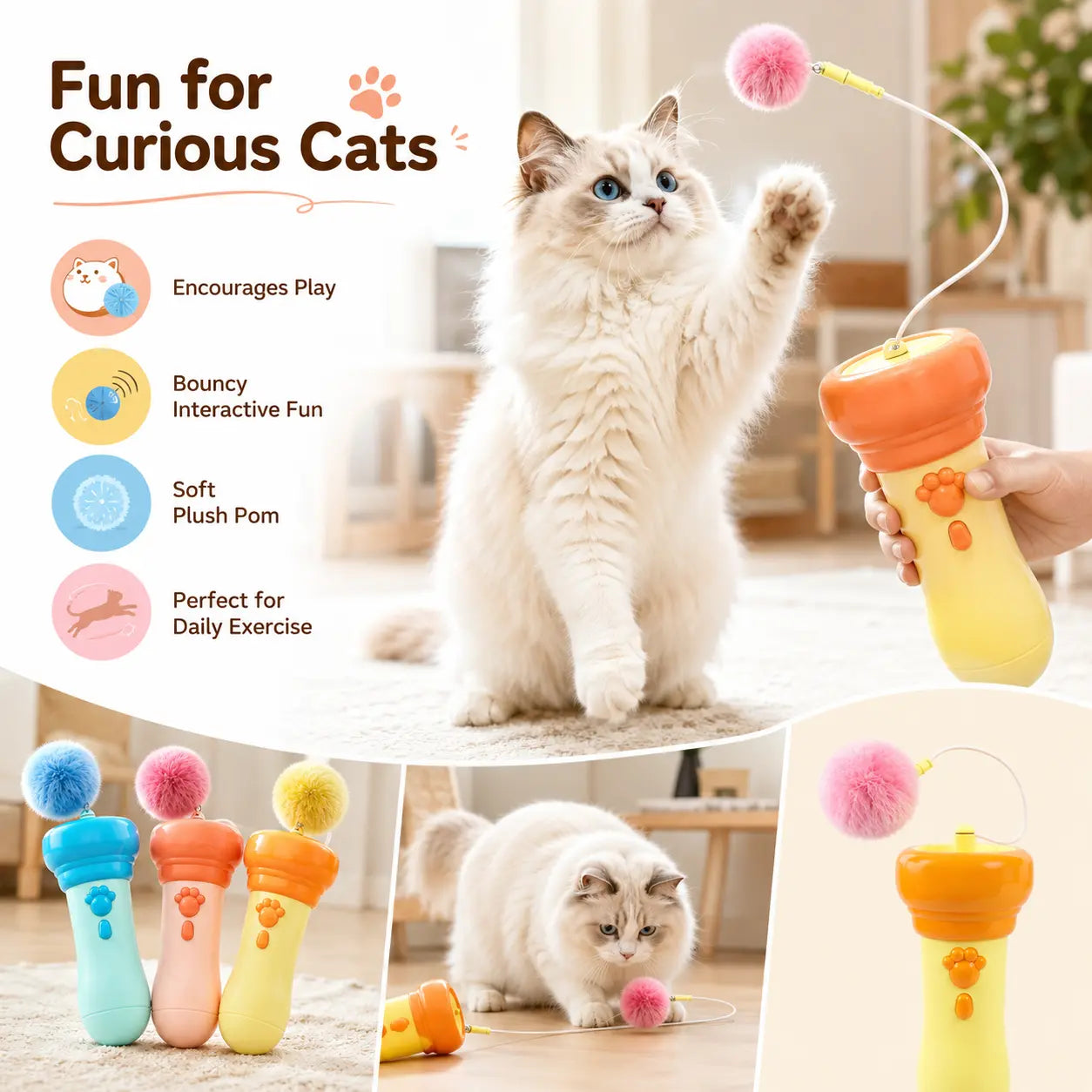 Electric Cat Teaser Toy with Fluffy Pom Balls, Interactive Handheld Cat Wand Toy for Indoor Cats and Kittens