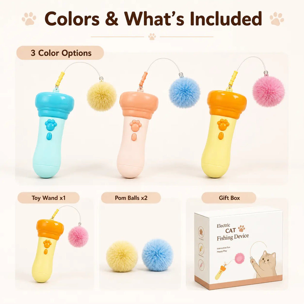 Electric Cat Teaser Toy with Fluffy Pom Balls, Interactive Handheld Cat Wand Toy for Indoor Cats and Kittens