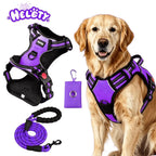 HELETY Purple 3-In-1 No-Pull Dog Vest Harness & Leash Set, Adjustable S-XL Sizes, Dual Front & Back D-Ring Clips, 360° 3M Reflective, Padded Chest, Oxford Fabric, Night Safety, Built-In Poop Bag Holder, Tangle-Free Cooling Step-Design Strap Running Bungee