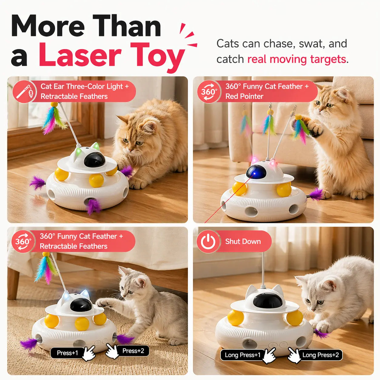 5-In-1 Interactive Cat Toy for Indoor Cats, Indoor Cat Enrichment Toy for Bored Cats, Laser Pointer, Feather Teaser, Pop up Feather, Track Balls, Light up Dome