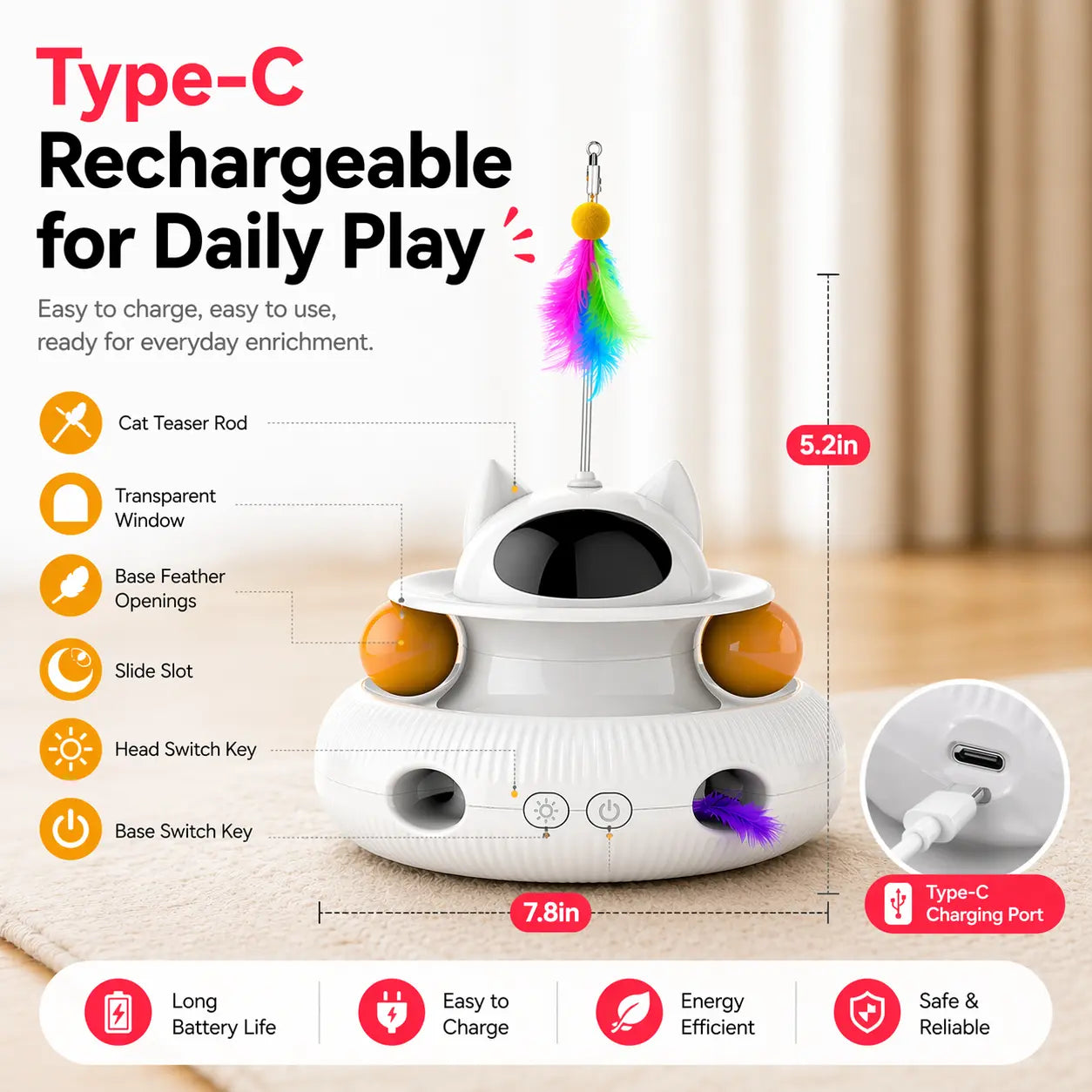 5-In-1 Interactive Cat Toy for Indoor Cats, Indoor Cat Enrichment Toy for Bored Cats, Laser Pointer, Feather Teaser, Pop up Feather, Track Balls, Light up Dome