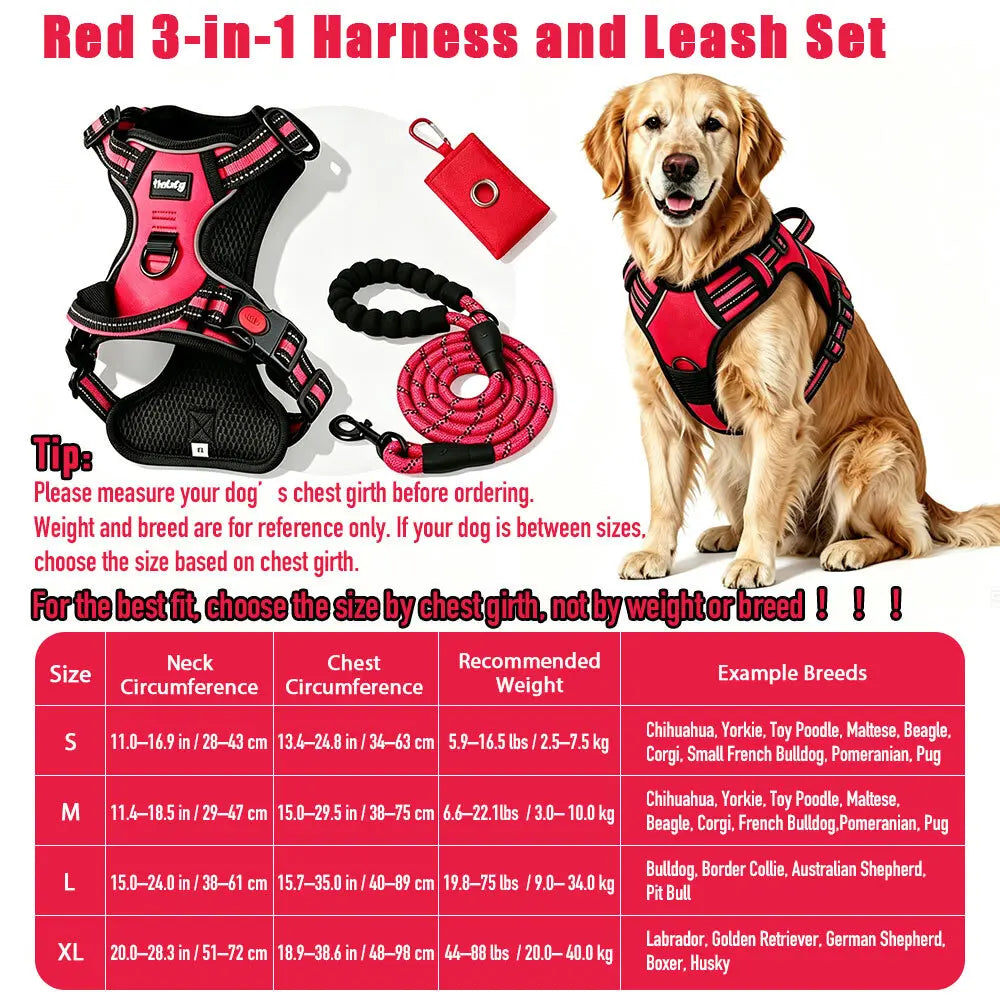 HELETY 3-In-1 No-Pull Dog Vest Harness Set for Medium-Large Dogs - Black Heavy-Duty Reflective Oxford Belt with Anti-Escape Lock, Adjustable, Includes Poop Bag Holder & Airtag Compatibility for Safe Outdoor Walking Night Walk Coyote Proof Doggood Car Seat