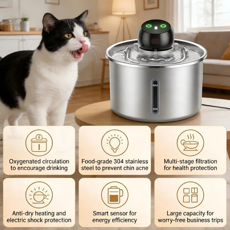 Cfume 2026 New Model Smart Infrared Sensor Automatic Water Dispensing Fountains for Cats - 304 Stainless Steel 3L 5000Mah Pump-Free Design with 4-Layer Filtration, Ultra-Quiet, Dry-Burn Prevention, Water Level Indicator