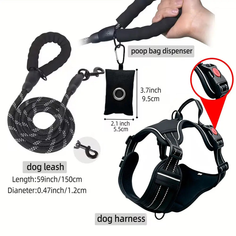 HELETY 3-In-1 No-Pull Dog Vest Harness Set for Medium-Large Dogs - Black Heavy-Duty Reflective Oxford Belt with Anti-Escape Lock, Adjustable, Includes Poop Bag Holder & Airtag Compatibility for Safe Outdoor Walking Night Walk Coyote Proof Doggood Car Seat