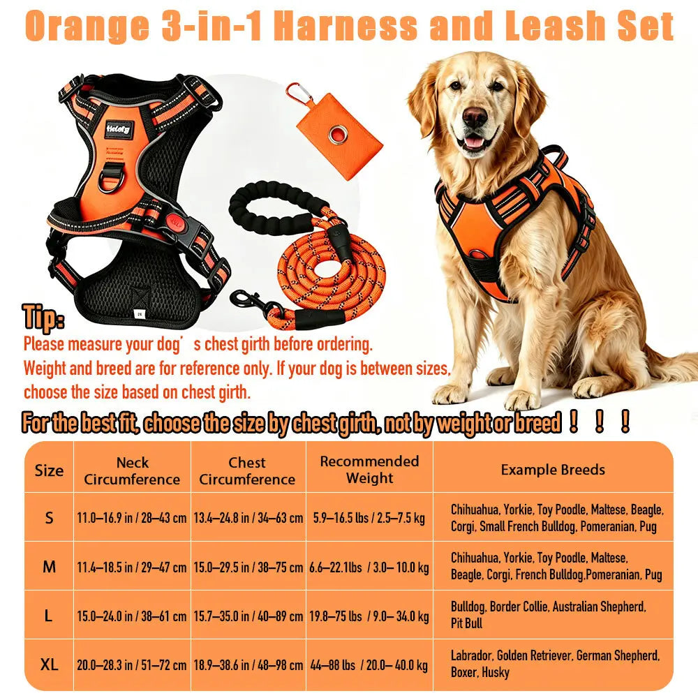HELETY 3-In-1 No-Pull Dog Vest Harness Set for Medium-Large Dogs - Black Heavy-Duty Reflective Oxford Belt with Anti-Escape Lock, Adjustable, Includes Poop Bag Holder & Airtag Compatibility for Safe Outdoor Walking Night Walk Coyote Proof Doggood Car Seat