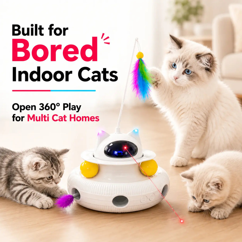 5-In-1 Interactive Cat Toy for Indoor Cats, Indoor Cat Enrichment Toy for Bored Cats, Laser Pointer, Feather Teaser, Pop up Feather, Track Balls, Light up Dome