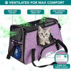 Airline Approved Pet Carrier for Cats & Small Dogs, Soft Sided TSA Travel Carrier Bag with Sherpa Bed, Breathable Mesh Ventilation, Collapsible Bowl, up to 18 Lbs, Large Heather Purple