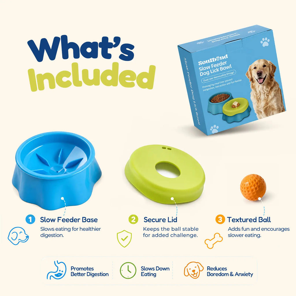 Non-Slip Slow Feeder Dog Bowl for Liquid Treats, Built-In Rolling Lick Ball, No Spill Yogurt & Peanut Butter Feeder, Keeps Bowl in Place While Dogs Lick