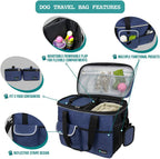 Dog Travel Bag Organizer, Pet Travel Kit with 2 Food Containers & 2 Collapsible Dog Bowls, Pet Supplies Tote with Luggage Sleeve, Weekend Road Trip Camping Essentials, Navy Blue, Medium