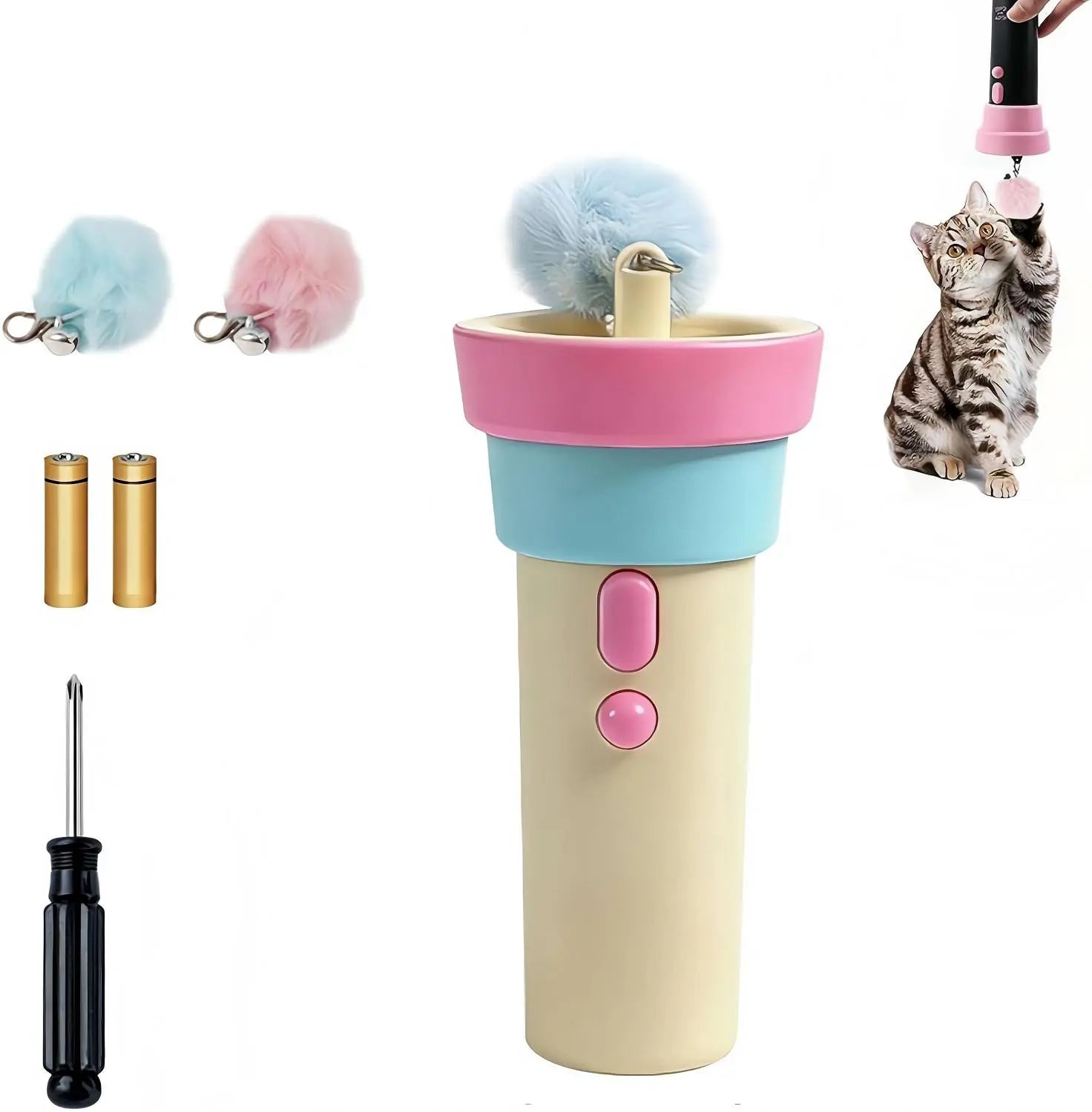 Electric Cat Wand Toy for Indoor Cats - Interactive Automatic Retractable Cat Teaser with Plush Ball, Durable String Launcher for Kittens and Adult Cats, Enrichment Exercise Feline Toys (Pink)，Cat Wand Toy，Interactive Cat Toy，Indoor Cats