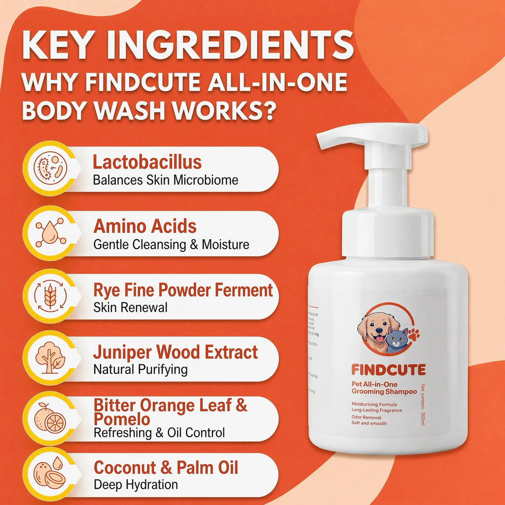 FINDCUTE 10Oz All-In-1 Grooming Pet Shampoo - Pet Grooming Products for Dogs & Cats, Odor Removal, Dirt Cleaning, Itch Relief, Tangled Hair Softening, Moisturizes Coat, Long-Lasting Fresh Scent