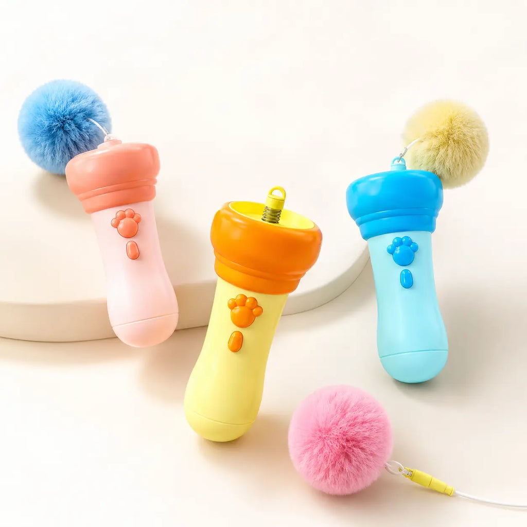 Electric Cat Teaser Toy with Fluffy Pom Balls, Interactive Handheld Cat Wand Toy for Indoor Cats and Kittens