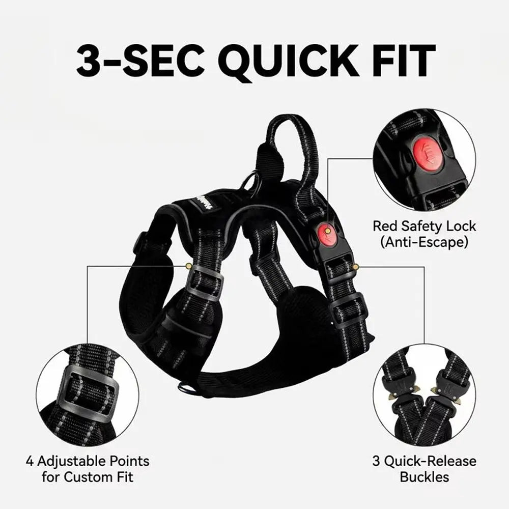 HELETY 3-In-1 No-Pull Dog Vest Harness Set for Medium-Large Dogs - Black Heavy-Duty Reflective Oxford Belt with Anti-Escape Lock, Adjustable, Includes Poop Bag Holder & Airtag Compatibility for Safe Outdoor Walking Night Walk Coyote Proof Doggood Car Seat