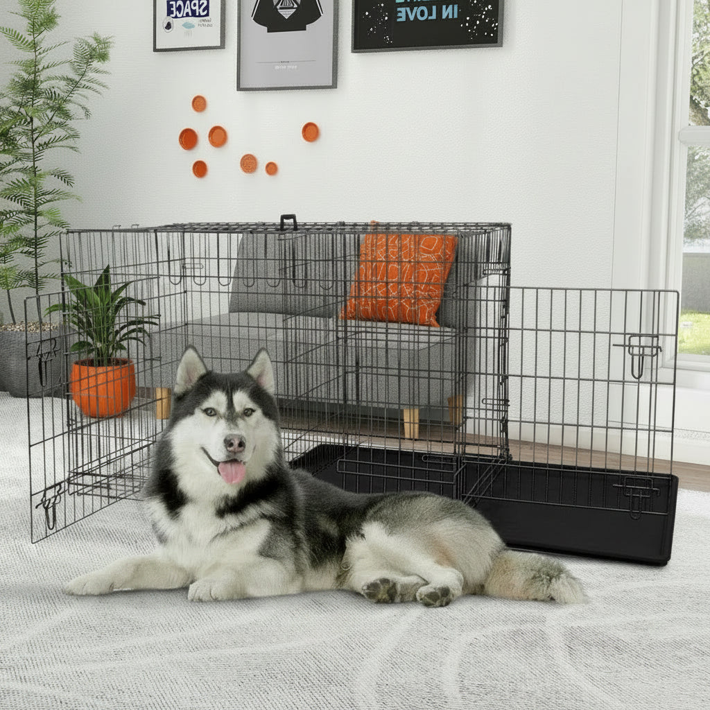 48 Inch Dog Crate, Dog Crates and Kennels for Big Dog Foldable Large Dog Crate for Large Dogs with Handle Double-Door Outdoor Metal Wire Dog Cage with Plastic Tray for Medium Dogs, Black