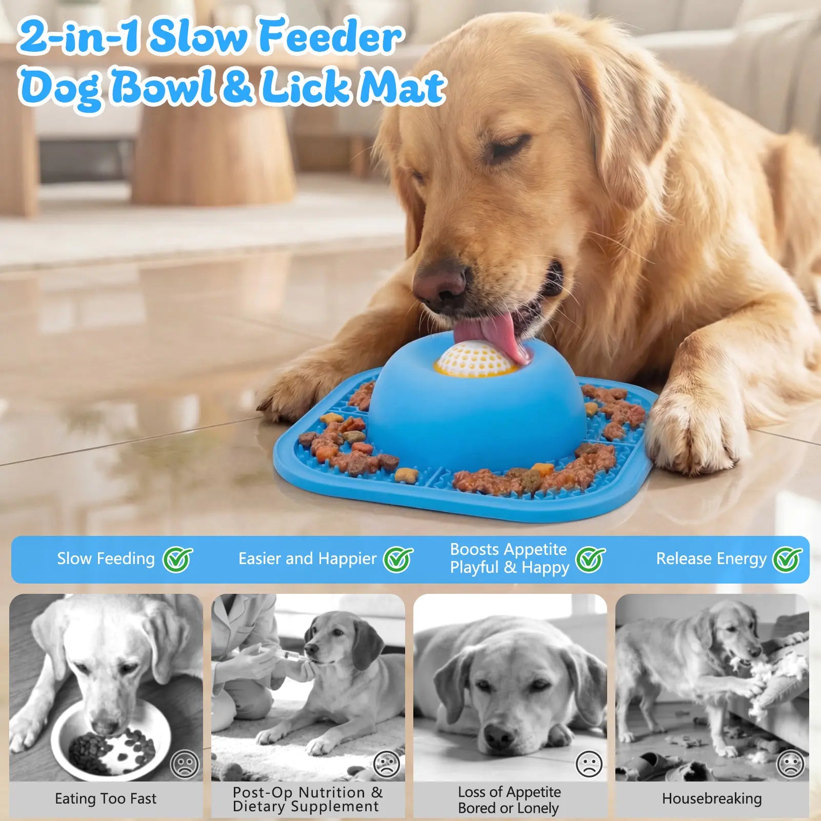 Slow Feeder Dog Bowl & Lick Mat for Liquid and Thick Treats, Anti-Slip Interactive Rolling Ball Lick Bowl, 5/6 Cup Feeder for Bone Broth, Yogurt and Supplements, Post-Op Recovery & Enrichment Toy for Dogs and Cats, Pet Stuff Dog Accessories