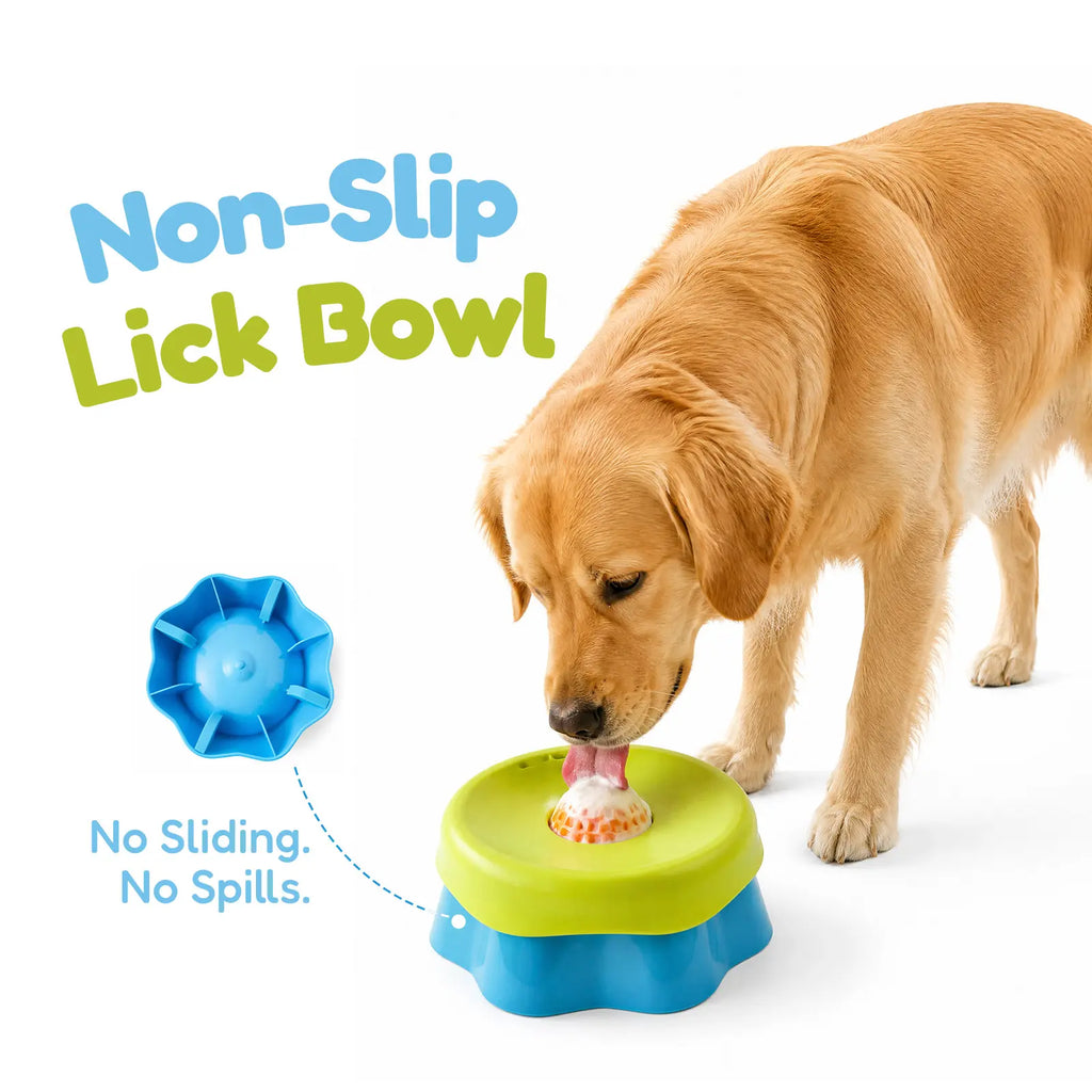 Non-Slip Slow Feeder Dog Bowl for Liquid Treats, Built-In Rolling Lick Ball, No Spill Yogurt & Peanut Butter Feeder, Keeps Bowl in Place While Dogs Lick