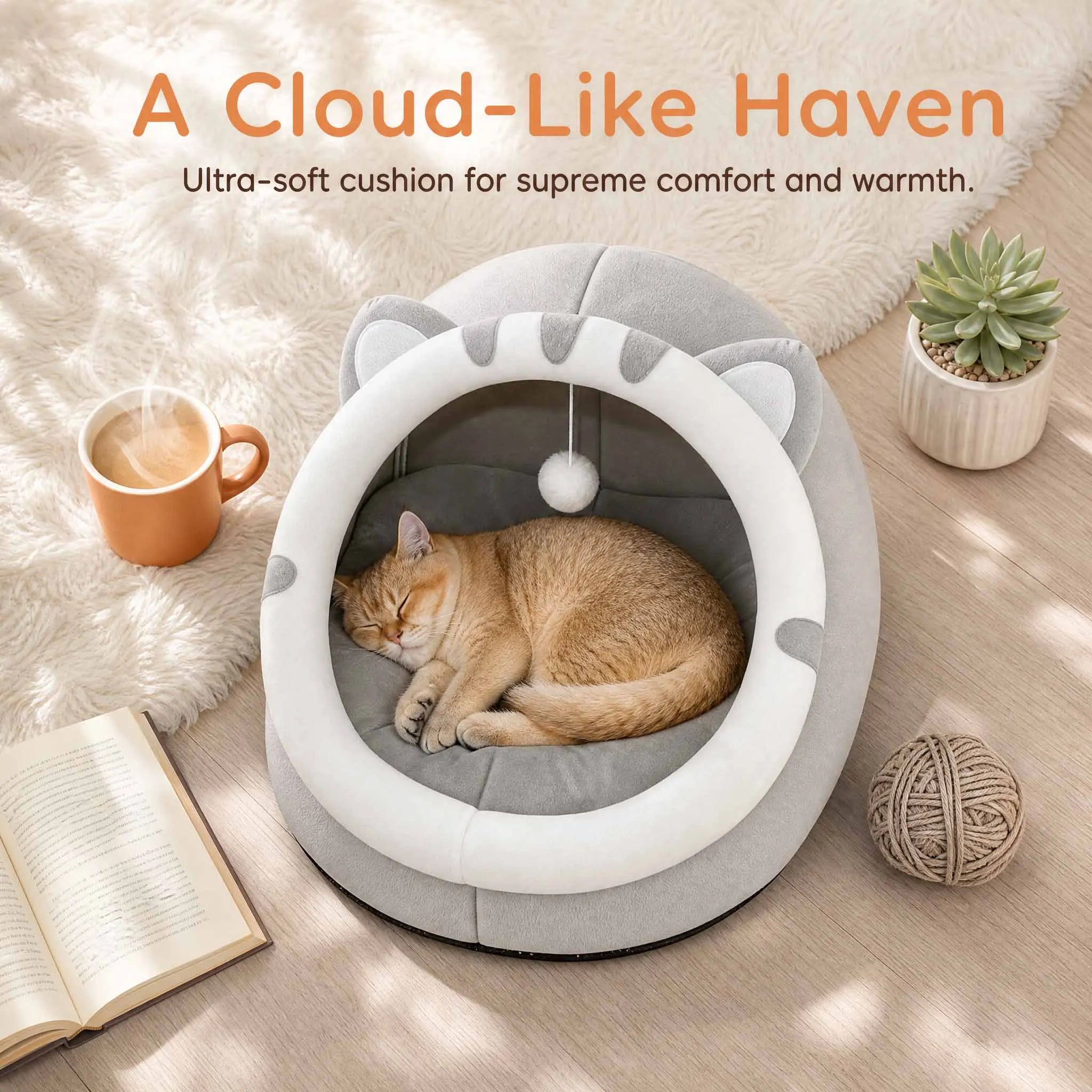 Cat-Ear Cave Bed with Pompom Toy