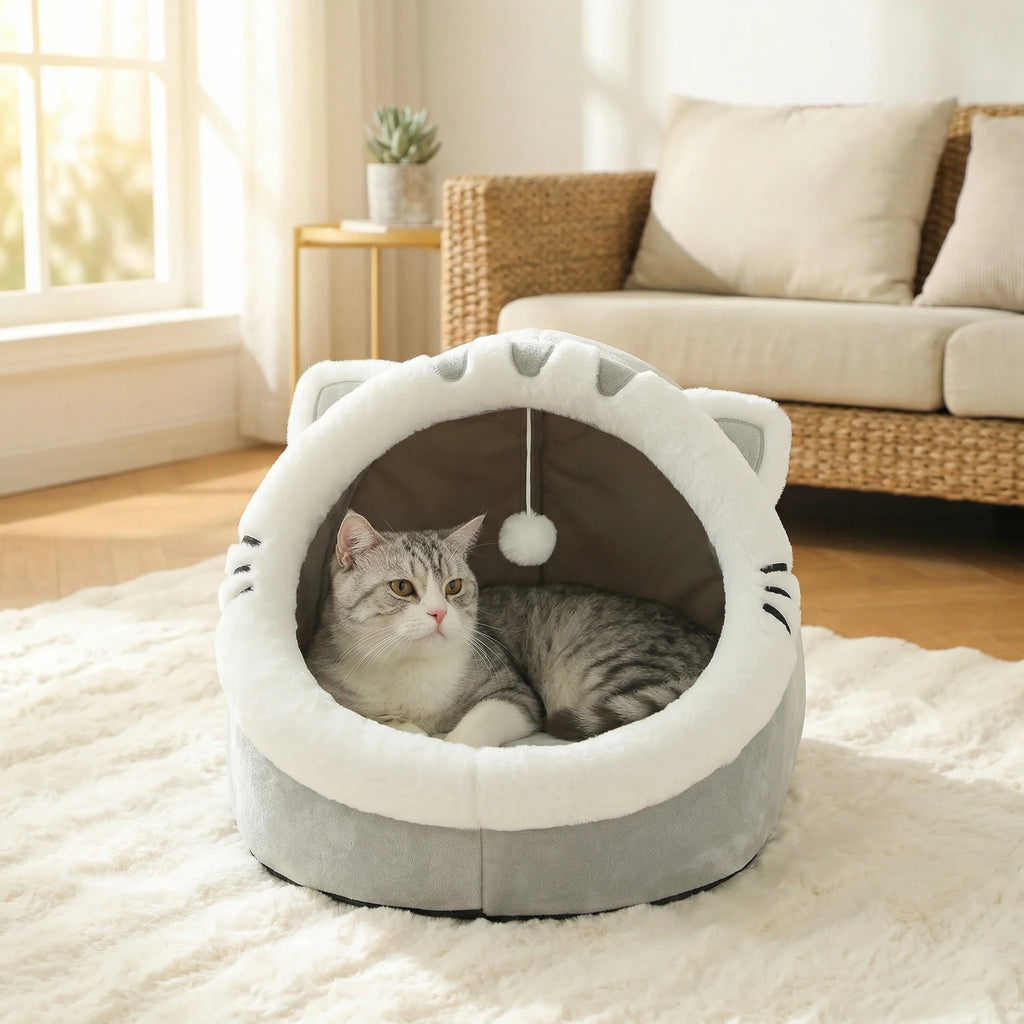 4-Season Cave Cat Bed with Pompom