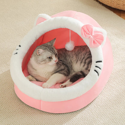 4-Season Cave Cat Bed with Pompom