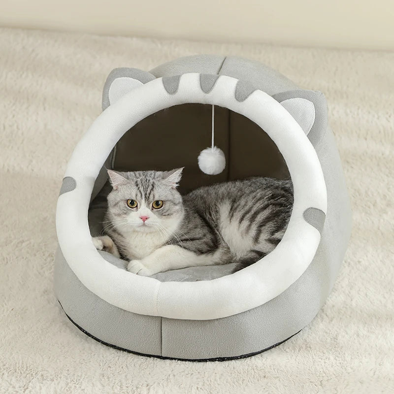 Cat-Ear Cave Bed with Pompom Toy