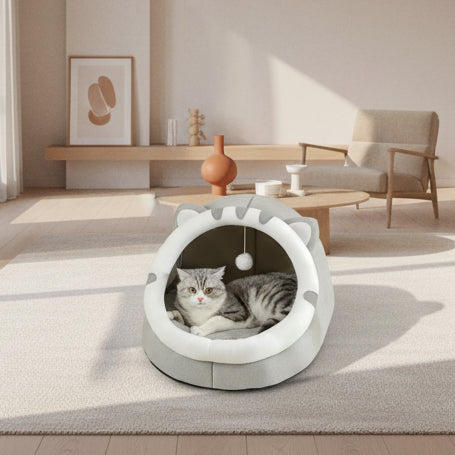 Cat-Ear Cave Bed with Pompom Toy