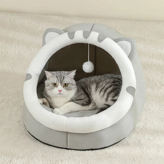 Cat-Ear Cave Bed with Pompom Toy