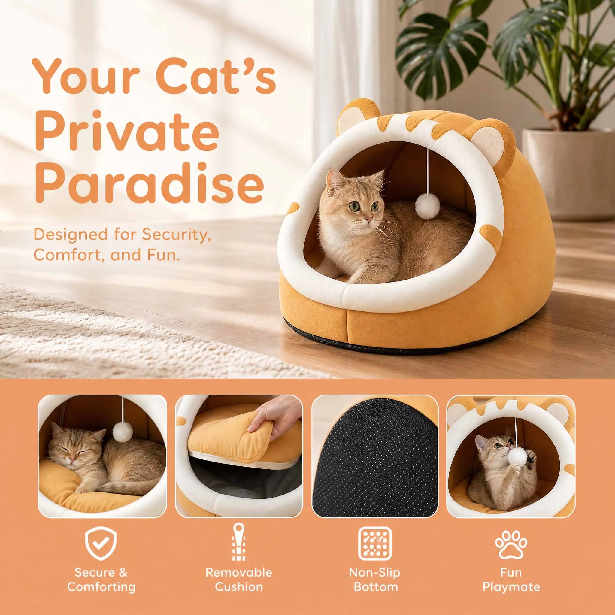 Cat-Ear Cave Bed with Pompom Toy
