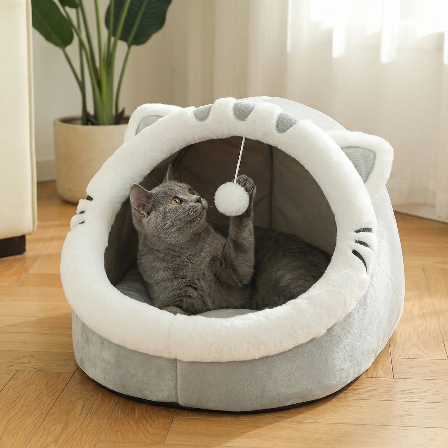4-Season Cave Cat Bed with Pompom