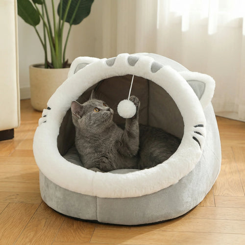 4-Season Cave Cat Bed with Pompom