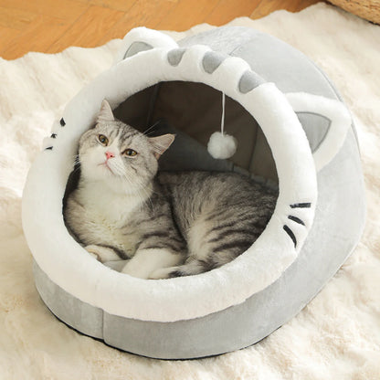4-Season Cave Cat Bed with Pompom