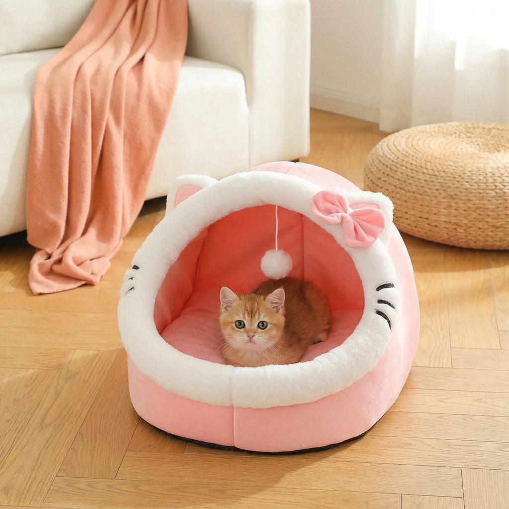 4-Season Cave Cat Bed with Pompom