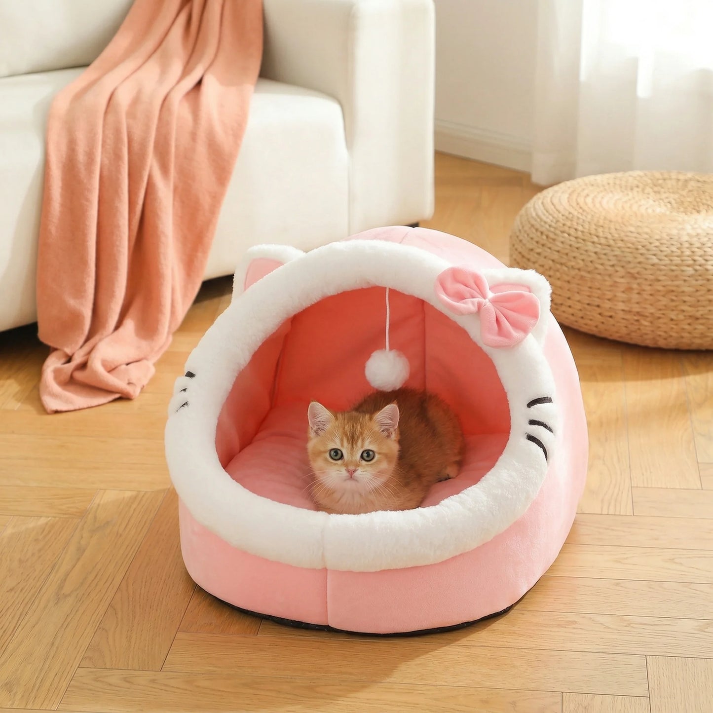 4-Season Cave Cat Bed with Pompom