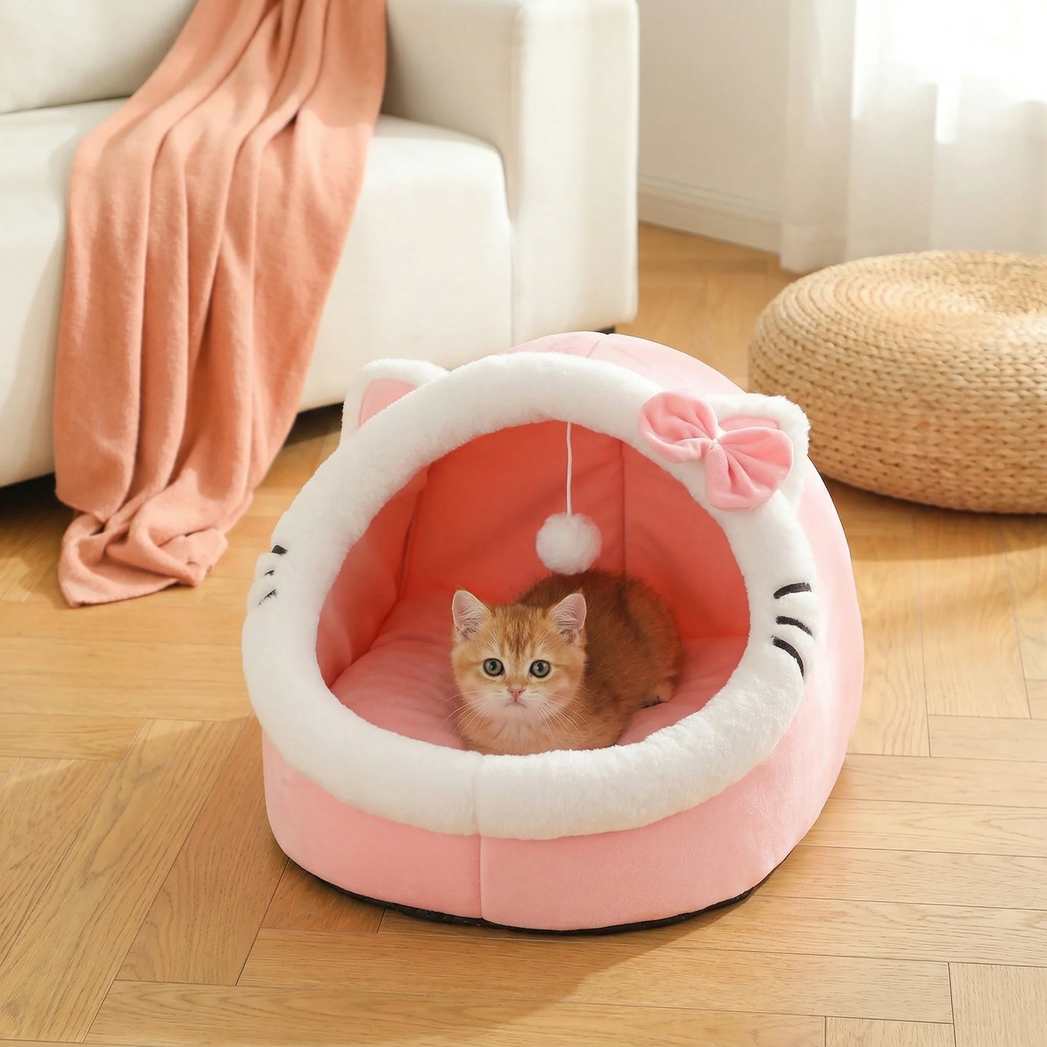 4-Season Cave Cat Bed with Pompom