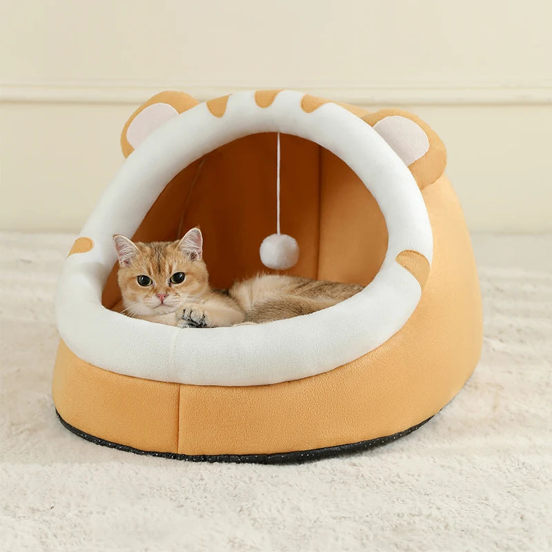 Cat-Ear Cave Bed with Pompom Toy