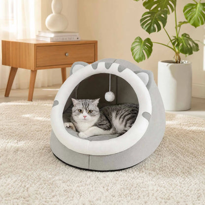 Cat-Ear Cave Bed with Pompom Toy