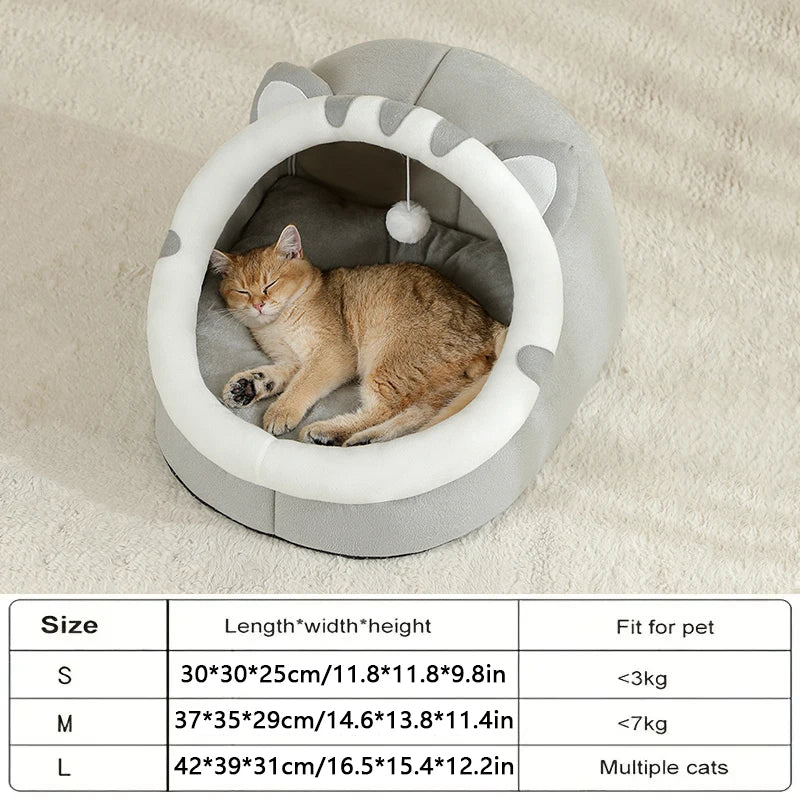Cat-Ear Cave Bed with Pompom Toy