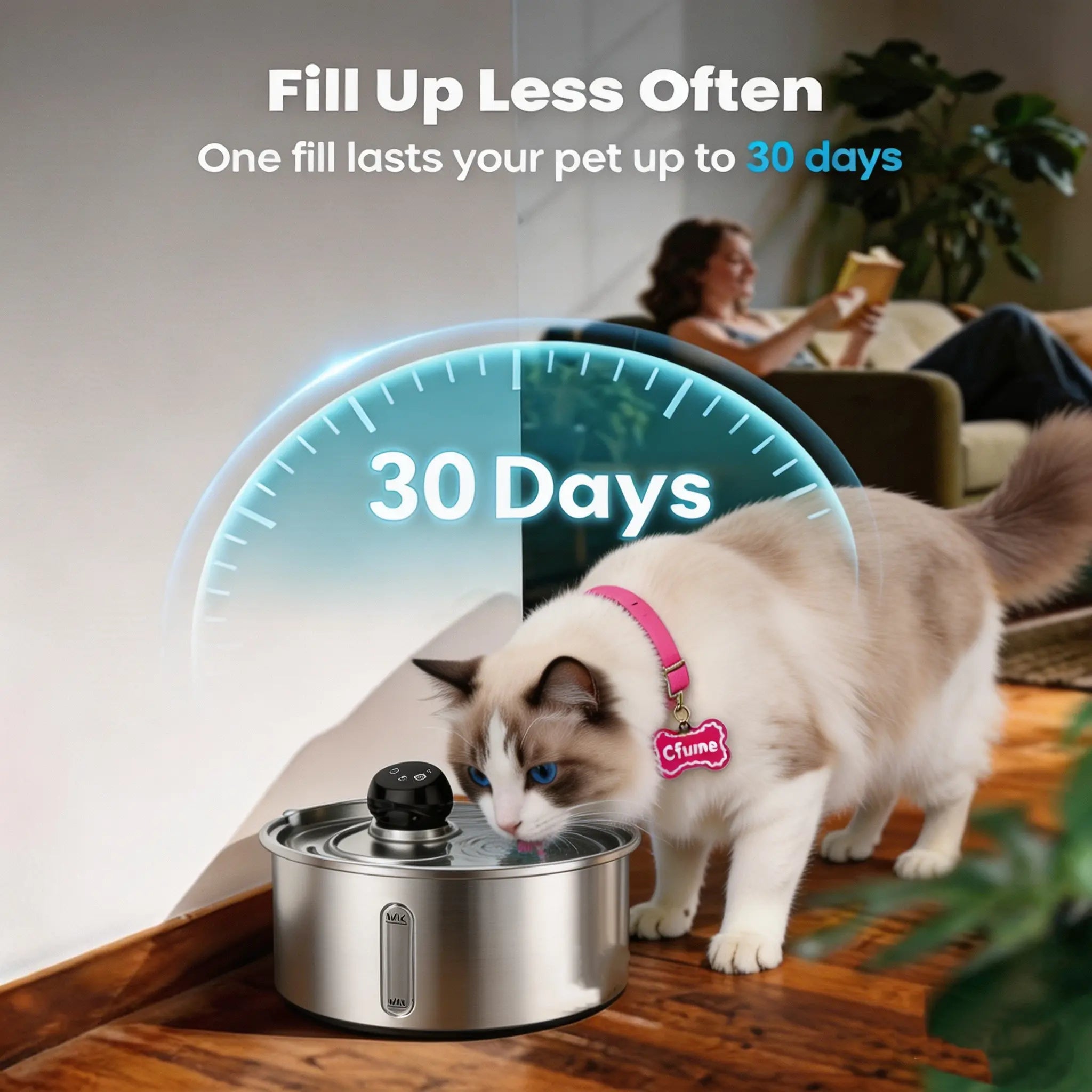 Cfume 2026 New Model Smart Infrared Sensor Automatic Water Dispensing Fountains for Cats - 304 Stainless Steel 3L 5000Mah Pump-Free Design with 4-Layer Filtration, Ultra-Quiet, Dry-Burn Prevention, Water Level Indicator