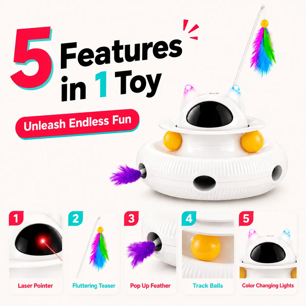 5-In-1 Interactive Cat Toy for Indoor Cats, Indoor Cat Enrichment Toy for Bored Cats, Laser Pointer, Feather Teaser, Pop up Feather, Track Balls, Light up Dome