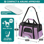 Airline Approved Pet Carrier for Cats & Small Dogs, Soft Sided TSA Travel Carrier Bag with Sherpa Bed, Breathable Mesh Ventilation, Collapsible Bowl, up to 18 Lbs, Large Heather Purple