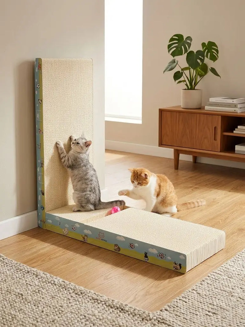 【Dealsforyoudays】Vertical L-Shaped Cat Scratcher Couch Furniture Protector, Upgraded Sturdy Cardboard Cat Scratching Pad, High-Density Hardened Plant Fiber Cat Ramp with Bell Toy Ball for Wall Corner