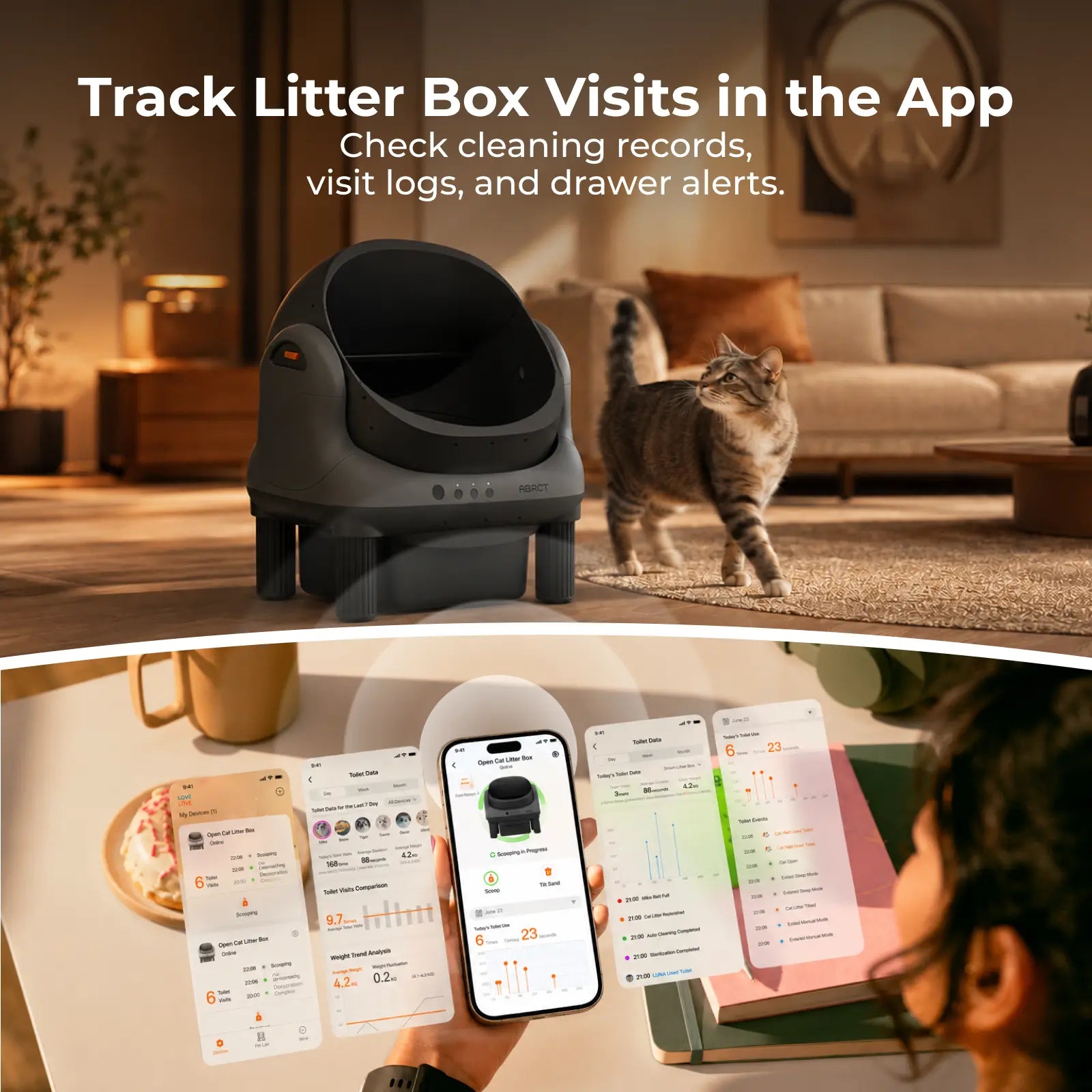 ABRCT L1 Open Top Automatic Self-Cleaning Litter Box, Electronic Hands-Free Smart Robot Litter Box, App Control, Safe Anti-Pinch Sensors, Included Liner, for Medium-Sized Cats, Automatic Litter Box