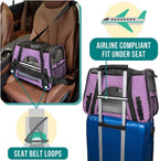 Airline Approved Pet Carrier for Cats & Small Dogs, Soft Sided TSA Travel Carrier Bag with Sherpa Bed, Breathable Mesh Ventilation, Collapsible Bowl, up to 18 Lbs, Large Heather Purple