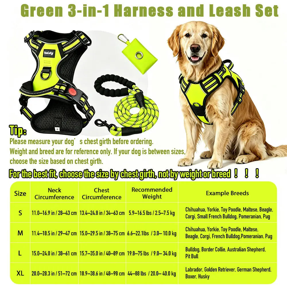 HELETY 3-In-1 No-Pull Dog Vest Harness Set for Medium-Large Dogs - Black Heavy-Duty Reflective Oxford Belt with Anti-Escape Lock, Adjustable, Includes Poop Bag Holder & Airtag Compatibility for Safe Outdoor Walking Night Walk Coyote Proof Doggood Car Seat