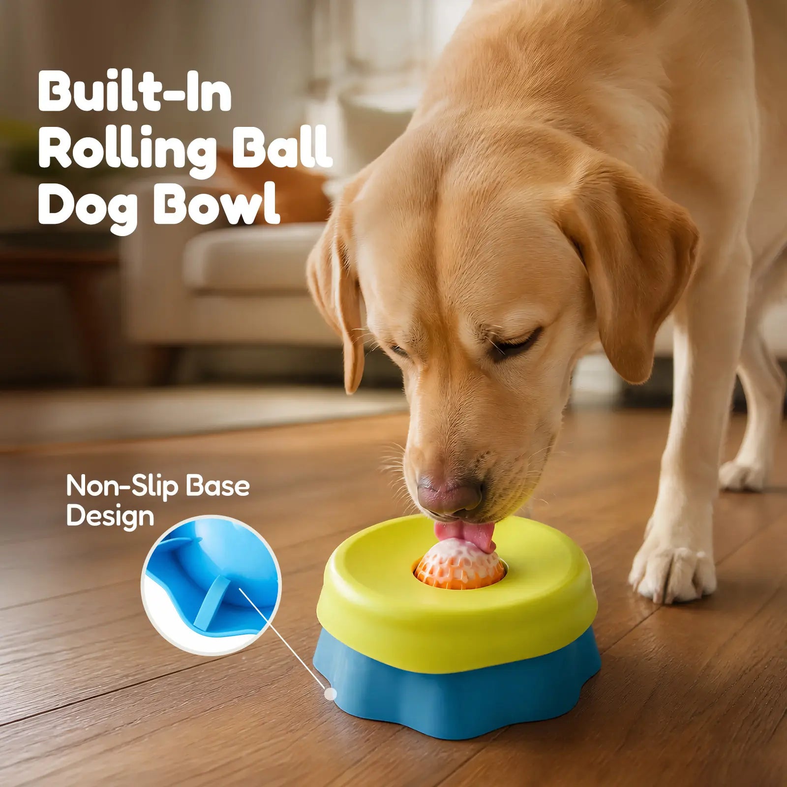 Non-Slip Slow Feeder Dog Bowl for Liquid Treats, Built-In Rolling Lick Ball, No Spill Yogurt & Peanut Butter Feeder, Keeps Bowl in Place While Dogs Lick