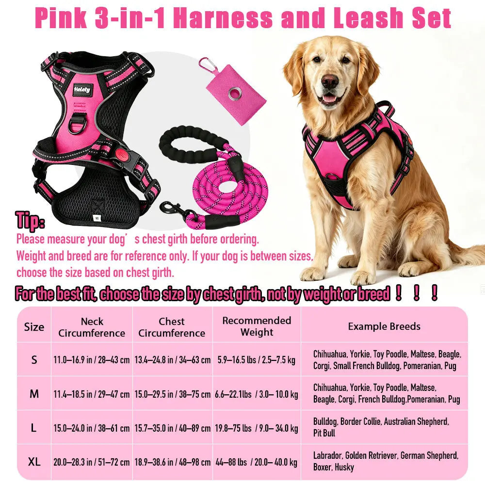 HELETY 3-In-1 No-Pull Dog Vest Harness Set for Medium-Large Dogs - Black Heavy-Duty Reflective Oxford Belt with Anti-Escape Lock, Adjustable, Includes Poop Bag Holder & Airtag Compatibility for Safe Outdoor Walking Night Walk Coyote Proof Doggood Car Seat