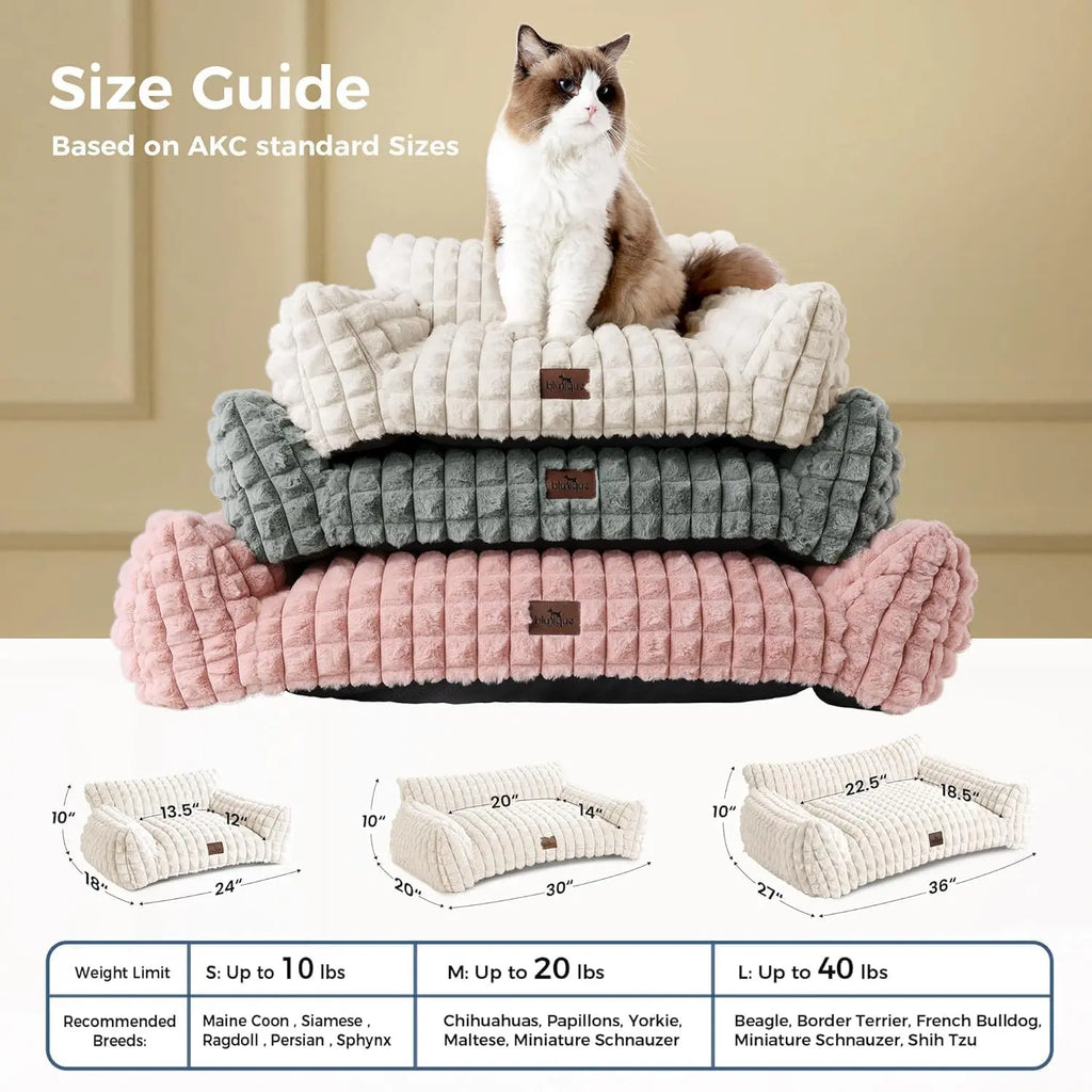 24" Faux Rabbit Fur Pet Couch Bed for Cats - Fluffy 3D Diamond Pattern Sofa, Removable Washable Cover, Non-Slip Base, Suitable for Small Dogs & Kittens