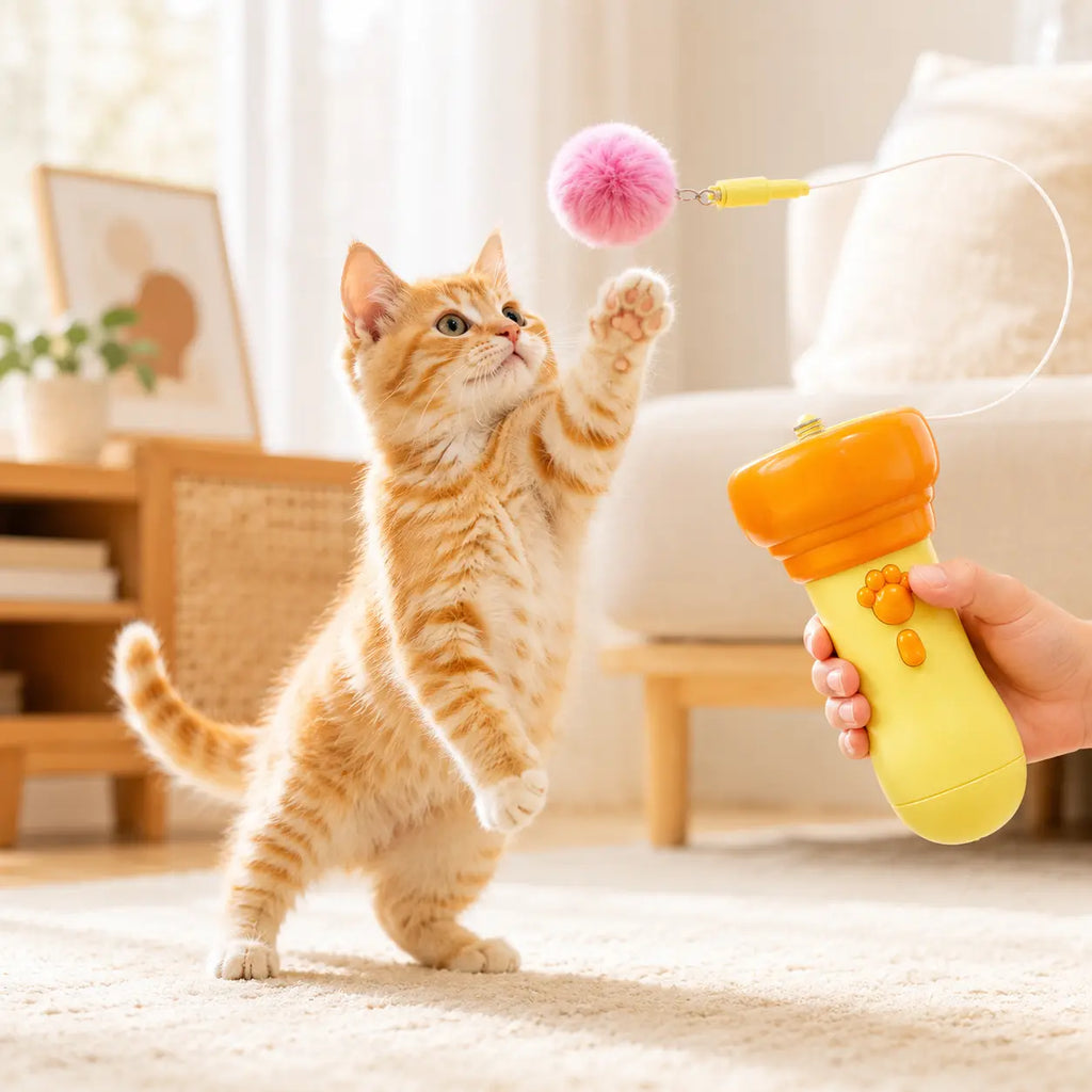 Electric Cat Teaser Toy with Fluffy Pom Balls, Interactive Handheld Cat Wand Toy for Indoor Cats and Kittens